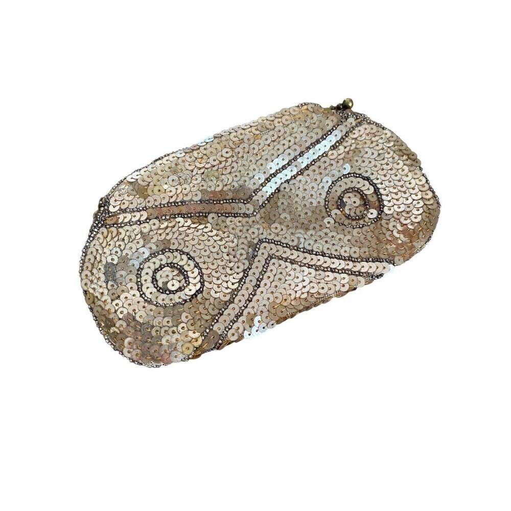 Vintage Sequin Clutch Purse Womens Small Gold Beaded Abstract Czechoslovakia